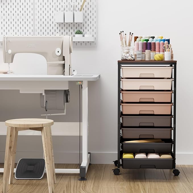 TOOLF Rolling Storage Cart with 8 Drawers,Brown | Utility Cart on Wheels with Wooden Tabletop,Teacher Organization for Classroom, Art Cart for Office,Bedroom,Craft Room - Image 2
