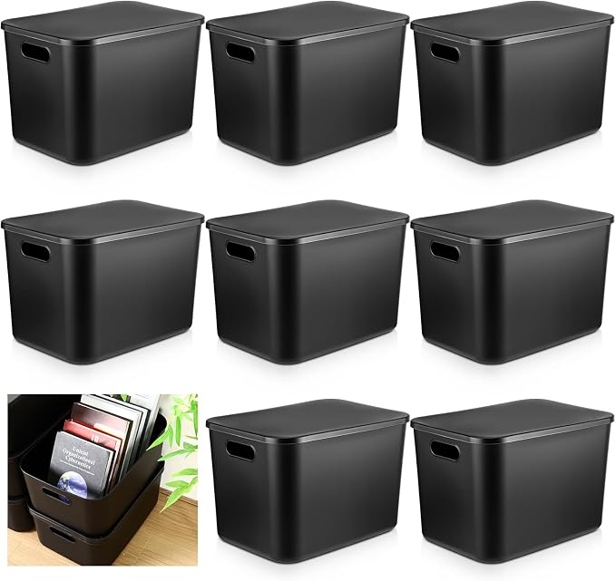 8 Pack Storage Bins, 14.2 X 10.2 X 9.5 Inch Black | Plastic Stackable Containers with Lid Handle, For Shelves Desktop Playroom Office, Organizing Toys Books Supplies Storage by Hoolerry