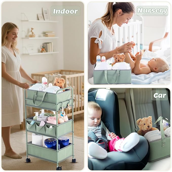 Honeydak 2in1 Baby Diaper Caddy Organizer Cart 3 Tier Large Capacity Metal Utility Bedside Rolling Cart with Divider Newborn Registry Nursery Essential Must Have Crib Bedroom Baby Shower(Green) - Image 4
