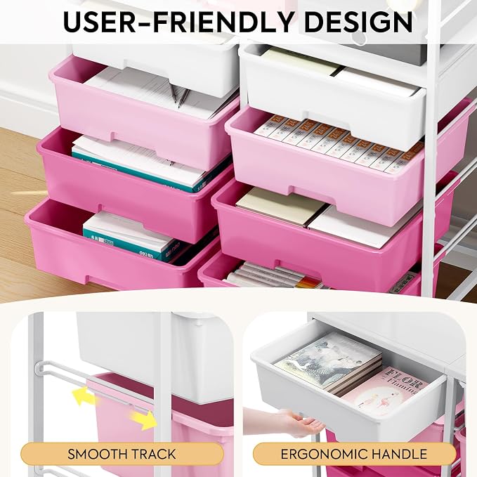 Rolling Storage Cart with 8 Large Drawers, Wooden Tabletop | Open Storage Shelves, Mobile Craft Organizer with Lockable Wheels for Home, Classroom, Office Supplies & Art Studio,Pink - Image 5