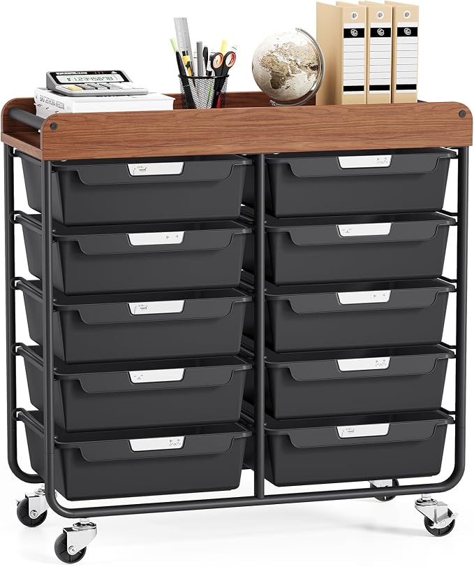 10 Drawers Rolling Cart with Wooden Tabletop, Utility Storage Cart with Wheels, Art Supply Craft Organizer on Wheel with Metal Frame & Handles for Home Office School,Black | Easy Setup, Large Capacity, Sturdy Build, Lockable Mobility, For office, class... by APEXCHASER