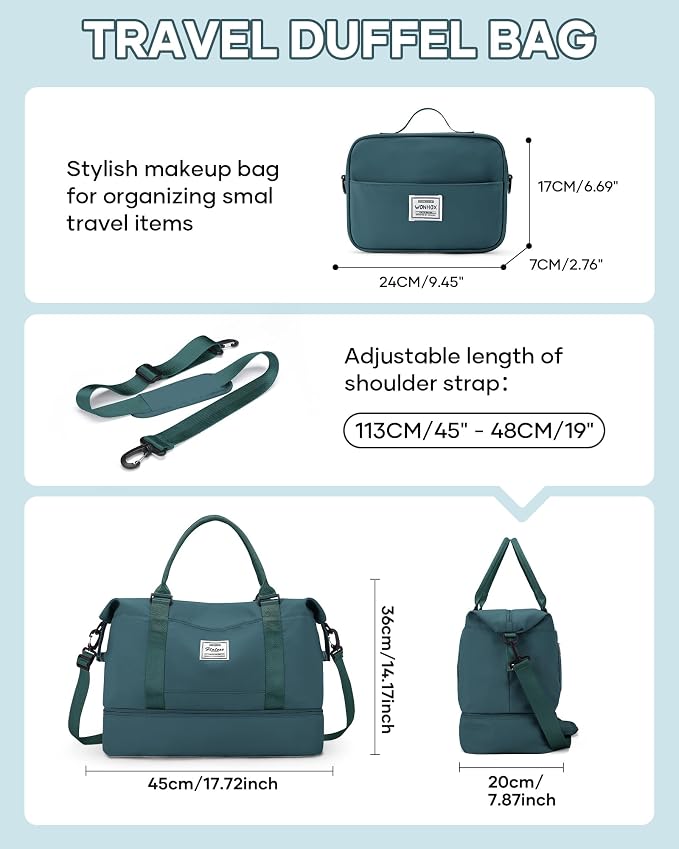 Travel Duffel Weekender Bag Women Tote Carry On Bags With Shoe Compartment | 18x14x8 inches Travel Overnight Bags with Trolley Sleeve for Airplanes Waterproof Sport Tote Gym with Toiletry Bag Blue - Image 3
