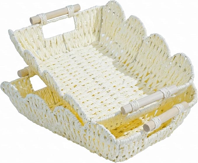 Coeusy Scalloped Basket, Paper Rope Basket for Gifts with Handles, Cute Storage Basket for Display,Decorative,Shelves,Snack,2 Pack, White by WEAVECOMFORTINTOEVERYCORNER