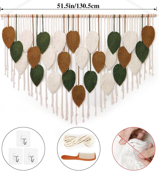 Large Macrame Wall Hanging Boho Woven Tapestry Chic Home Decor Wall Art | KHOYIME Modern Bohemian Handmade Leaf Feather Decorations for Apartment Living Room Bedroom Nursery Backdrop 51.5"W X 33.5"L - Image 2