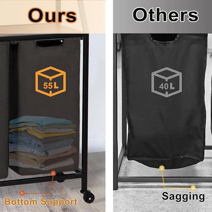 Laundry Hamper, Laundry Sorter 3 Section, Rolling Laundry Basket with Wheels, 2 Shelves, 3 × 14.5 Gal, Pull-Out and Removable Oxford Fabric Bags, for Laundry Room, Black and Rustic Brown - Image 3