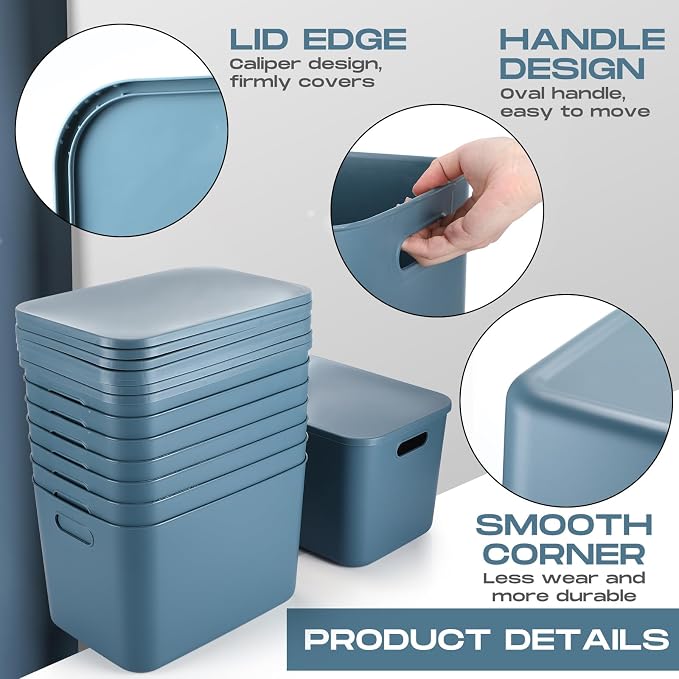 8 Pack Storage Bins, 14.2 X 10.2 X 9.5 Inch Blue | Plastic Stackable Containers with Lid Handle, For Shelves Desktop Playroom Office, Organizing Toys Books Supplies Storage - Image 3