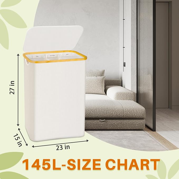 145L Laundry Hamper with Lid, 3 Section Laundry Basket with 3 Removable Bag | Clothes Hampers for Laundry with Bamboo Frame Handle, Large Dirty Clothes Hamper for Laundry Room, Bathroom, Bedroom, Beige - Image 6