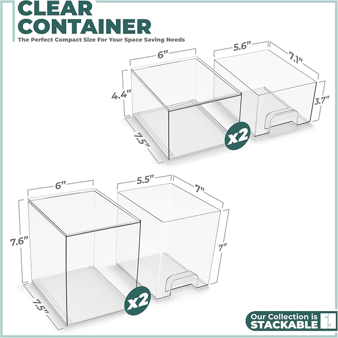 Sorbus Clear Stackable Storage Drawers (4 Pack, 7.6'' and 4.4'' Tall) | Acrylic containers with pull-out bins keep cosmetics, brushes and daily items sorted on bathroom counters or in cabinets. - Image 3