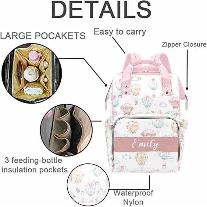 Custom Diaper Bag with Name Personalized Hot Air Balloons Nylon Travel Backpack for Holiday Travel Customized Nappy Changing Bag with Pockets for New Mom - Image 5