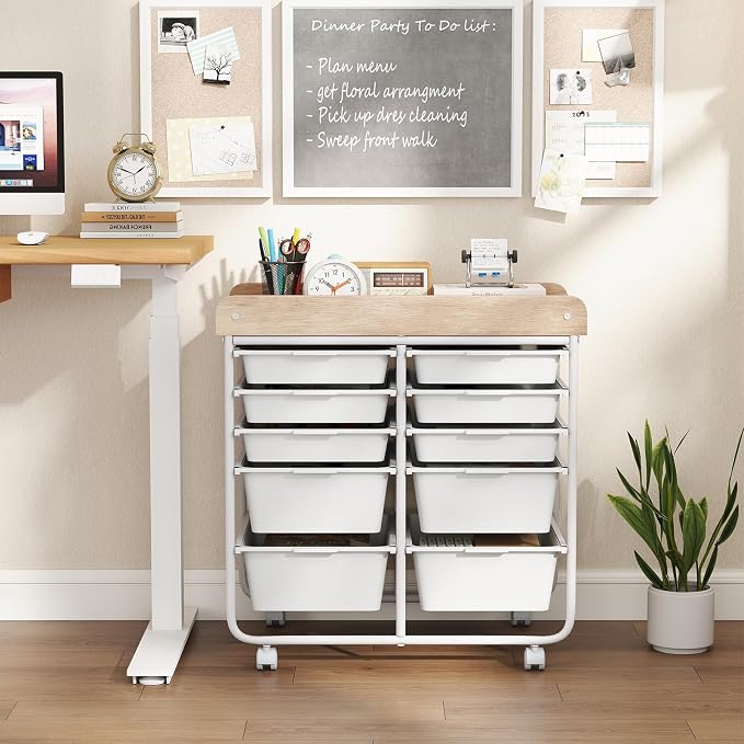 Giantex Rolling Storage Cart with 10 Drawers, Utility Cart w/Wooden Tabletop, Handle, Lockable Wheels, Multipurpose Organizer for Art Craft Scrapbooks Paper, Drawer Carts for Dorm School Office, White - Image 5