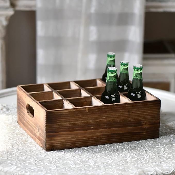 Farmhouse Wooden Storage Crate for Decoration, 12 Individual Slots | 13 x 10 inches, Rustic Small Beer Holder, Beverage Serving Caddy with Carrying Handles, Wood Crate Box for Crafts by Sintosin