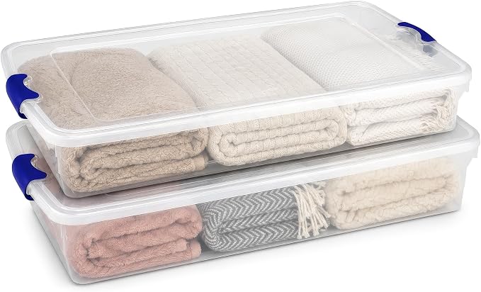HOMZ Under Bed Clear Plastic Storage Bin w/Lid, 60 Qt, Blue Latch, 2 Pack | Heavy-Duty Stackable Containers, Large Organizer Box for Homes, Offices, and Garages by Homz