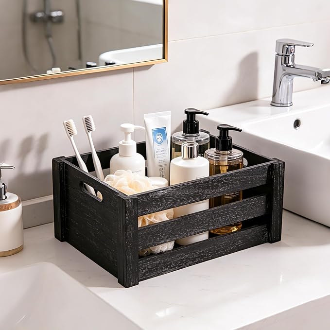 Set of 3 Nesting Wooden Crates, Small Rustic Farmhouse Wood Storage Boxes with Handles, Stackable Compact Organizer Bins for Kitchen Bathroom Bedroom Decor, 3 Sizes & 3 Colors (White, Brown, Black) - Image 8