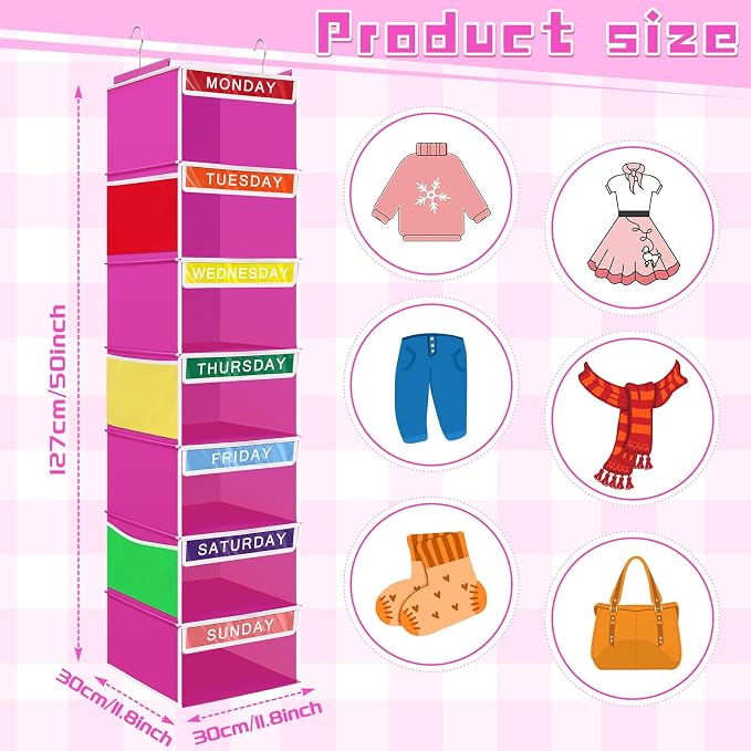 2 Pcs 7 Shelf Weekly Clothes Organizer for Kids Hanging Closet Organizer 11. 8 x 11. 8 x 50 Inch Daily Activity Kids Clothes Storage Drawers Cube Drawers Closet Hanging Shelves(Rose Pink) - Image 2