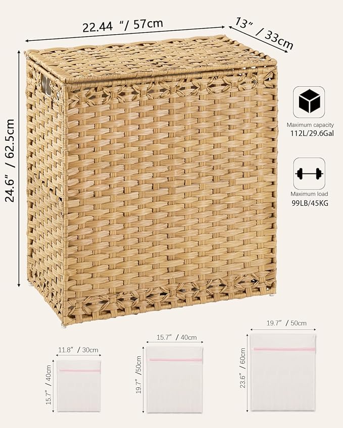 SETVSON Laundry Hamper with Lid Wicker Laundry Basket 112L, Natural | Large Family Clothes Sorter Trunk with Lid, 3 Compartment Washable Liners, 6 Mesh Bags, Collapsible Steel Frame - Image 5