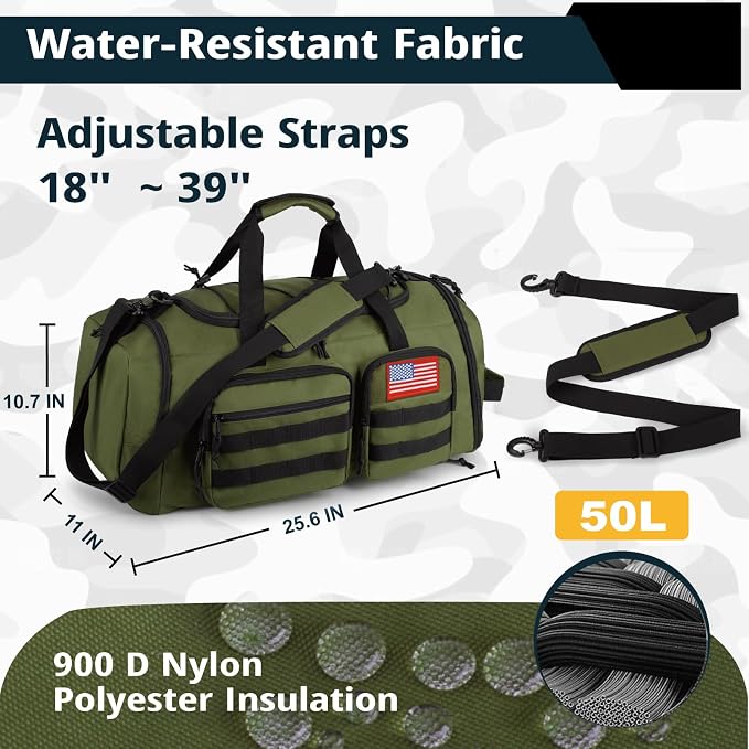 Tactical Gym Bag for Men,50L Large 3-in-1 Sports Duffle Bag for Travel Gym | Water Resistant ,Adjustable Shoulder Strap,MOLLE Weekender Overnight Bag with Shoes Compartment,Gym Backpack for Gym,Travel - Image 4