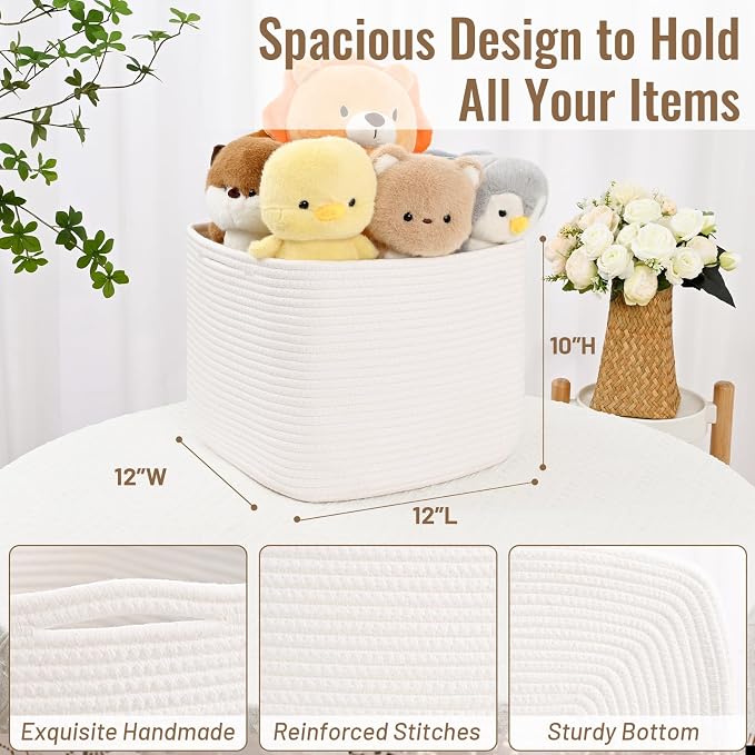 3 Pack Cube Storage Bin, 12”x12”x10” Cotton Rope Woven Baskets for Organizing Toys Clothes Towels, Square Gift Storage Baskets for Shelves, Nursery, Closet, Bathroom, Pantry (White) - Image 4