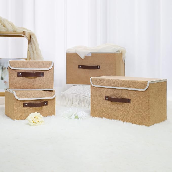 ANMINY Fabric Storage Box Bins with Lids, Khaki, 10"x8"x7" | Keepsake Memory Storage, Cotton Linen, PP Board Reinforced, Washable, PU Handles, Foldable & Stackable, Decorative, Small - Image 7