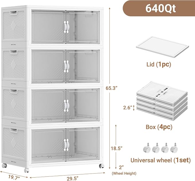 BROVIEW 640QT Large Stackable Storage Bins with Clear Doors, V20 4Pack | 160Gal Plastic Closet Organizer Cabinet with Lid and Wheels, Collapsible Latch Box Folding Drawer for Home, White - Image 2