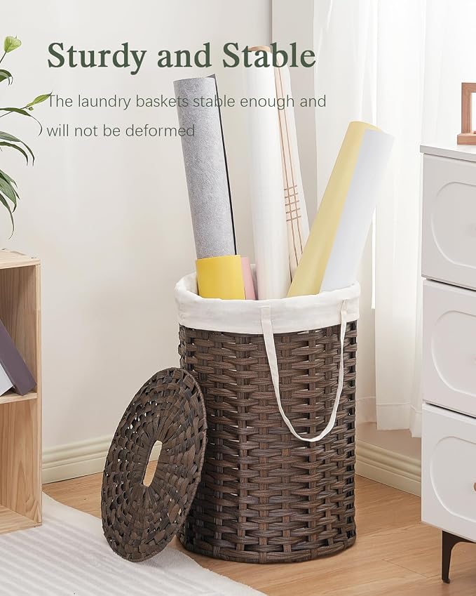 SETVSON Laundry Hamper with Lid, 19.0 Gal (72 L) Round PE Rattan, Brown | 72L Woven Hamper with Lid, Removable Washable Liner Bag, 2 Mesh Laundry Bags, Strong Steel Frame, Foldable Long Handles - Image 6