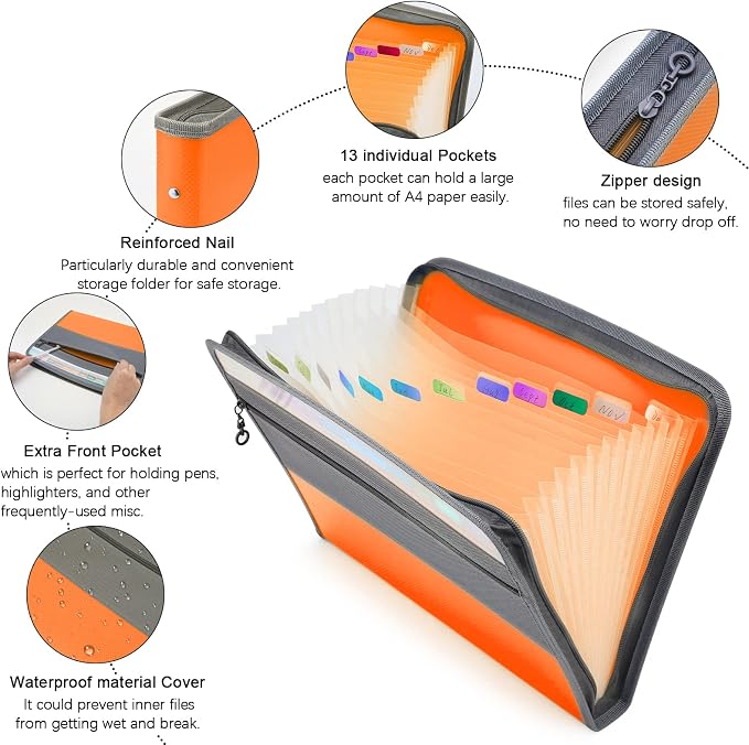 NAFY Expanding File Folders, 2Pack 13 Pockets Document Organizer with Zipper, A4 Letter Size Portable Accordion Expanding File Folders with Multicolor Labels for Office School Supplies (Black+Orange) - Image 3