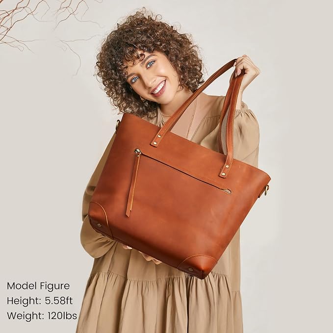 S-ZONE Vintage Genuine Leather Shoulder Bag Work Totes for Women Large | Top Grain Leather, Purse Handbag, Fits Laptop Documents, Luggage Sleeve, Multi Pockets, Work Travel Everyday - Image 2