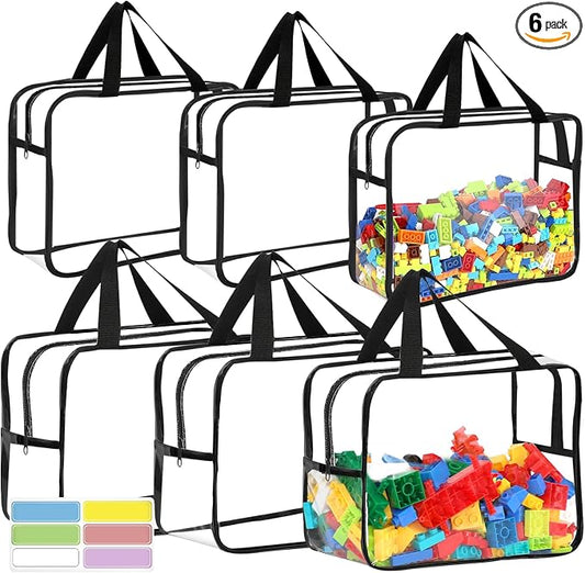 6Pcs 3Large & 3XL Toy Storage Bags with Labels Reusable Clear Toy Organizer | PVC Waterproof Transparent Organizer Bags with Zipper for Building Blocks, Puzzle, Board Games Travel Storage, Save space by OPELETNNT
