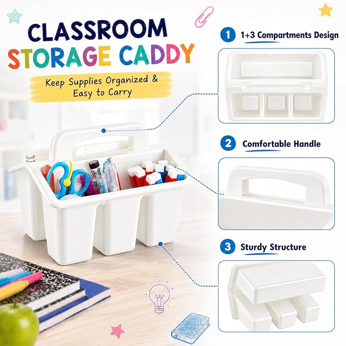 8 Pack Classroom Caddy Storage Basket with Handle 4 Compartment Storage Caddy Plastic Arts Crafts Caddies Protable Classroom Craft Caddies for Kids Schools Art Craft Supplies(White) - Image 3