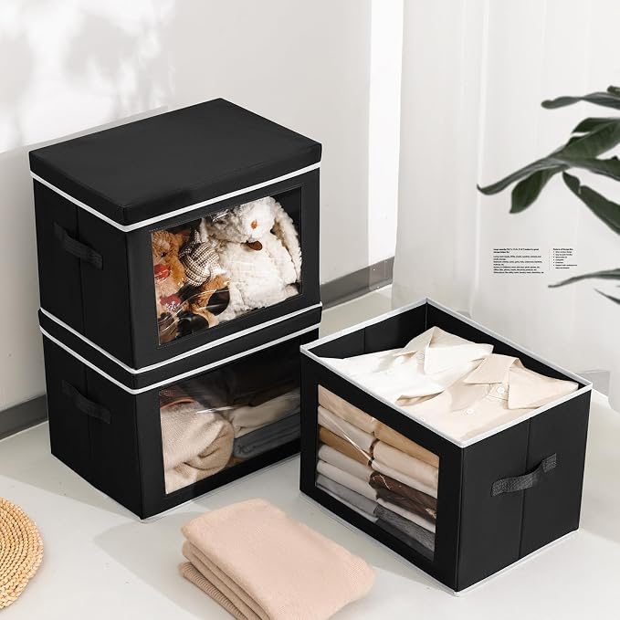 Storage Bins with Lids, 4 Pack Large Storage Cubes with Window, Closet Bins with Lids & Handles, Fabric Box for Organizing Clothes, Towels, Books, Black - Image 3