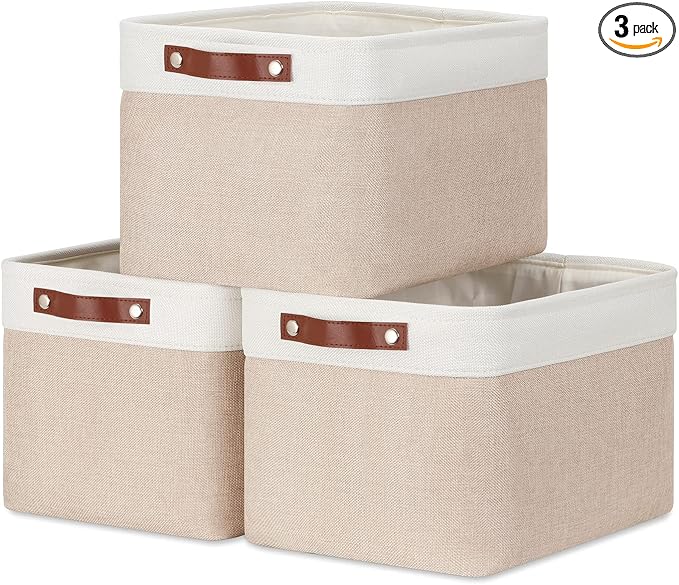 DULLEMELO Fabric Storage Bins, Storage Baskets for Organizing, Collapsible Rectangular Fabric Baskets for Shelves, Empty Gift Baskets (3-Pack Medium-15 inch X 11 inch X 9.5 inch , White&Khaki) by DULLEMELO