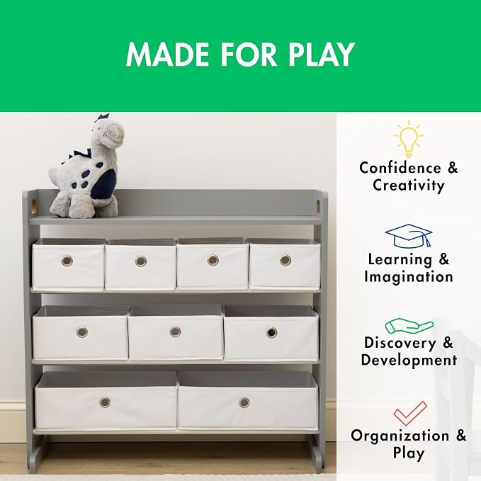 Humble Crew Kids Toy Organizer with 9 Fabric Bins, 3 Tier Storage Shelf | Sturdy wood and steel toddler frame, collapsible containers, wall anchor anti-tip safety kit for playroom, bedroom, classroom - Image 5