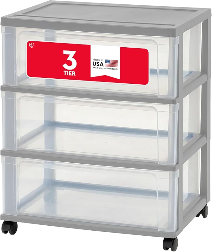 IRIS USA 3-Drawer Wide Storage Cart with Wheels, Organizer, Gray | Store clothing, towels, office supplies, craft materials and household essentials with organized storage around your home by IRISUSA