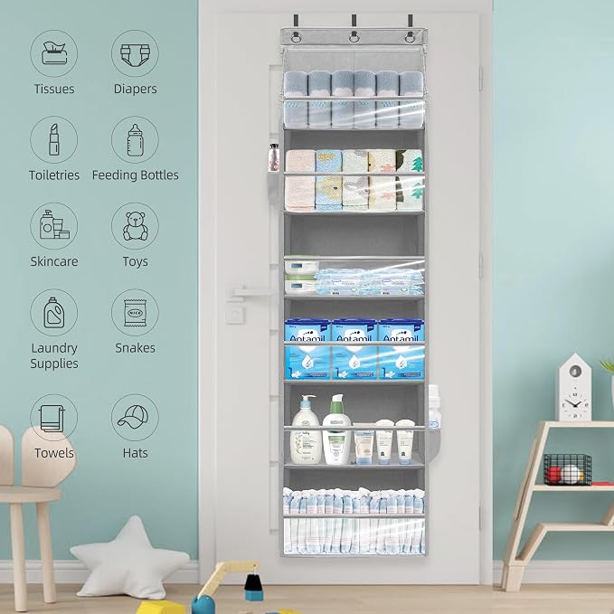 Over Door Organizer with 6 Extra Large Pockets 12 Side Pockets, Sturdy Closet Storage Rack, Hanging Storage Organizer with Clear Window for Shoes, Diaper, Bedroom, Bathroom, Grey, 6-Pack - Image 7