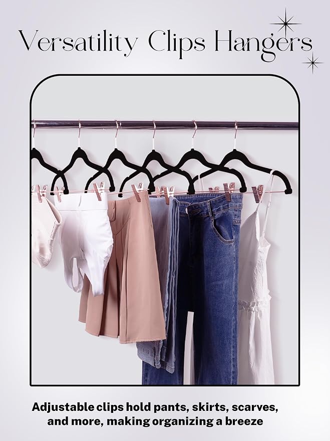 HOUSE DAY Hangers with Clips 24 Pack,     | Black, Non Slip Velvet Flocked, 0.2" Ultra Thin, Space Saving Hangers, Soft Touch, For Pants, Skirt, Shorts, Coat - Image 5
