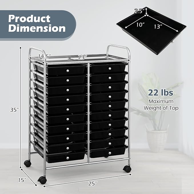 RELAX4LIFE 20 Drawer Rolling Storage Cart, Mobile Rolling Cart w/Drawers for School Classroom Teacher Office Home Salon, Paper File Art Supply Craft Organizer, Utility Cart on Wheels (Black) - Image 3