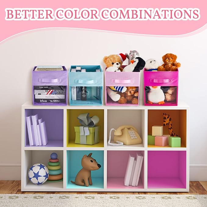Marsui 12 Pcs Clear Cube Storage Bins 11 Inch Pink Collapsible Kids Storage Bins Fabric Classroom Organizer with Window for Kid Playroom Room Daycare Nursery(Blue, Purple, Rose, Pink) - Image 5