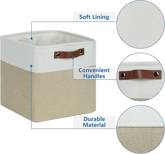 Temary Fabric Storage Baskets 12x12 Cube Bins 4 Pack Cloth Baskets for Shelf, Storage Cubes Bins Gift Empty (White&Khaki) - Image 3