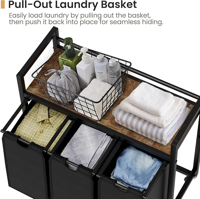 SwaaVee Laundry Sorter, Laundry Hamper 3 Section, 3×11.4Gal, Metal Frame Rolling Laundry Basket with Wooden Top Shelf, Pull out and Removable Laundry Bags, 3 Bags-Black - Image 6