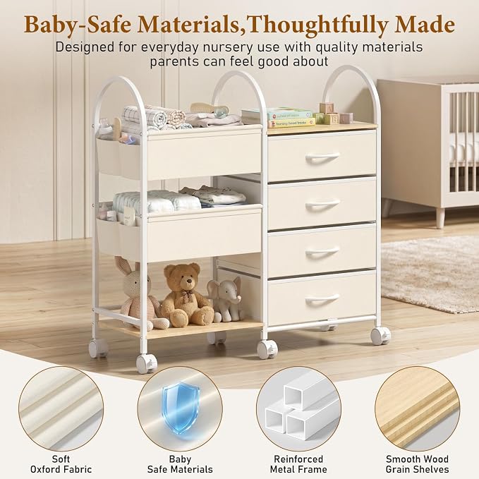 Baby Organizer and Storage Cart, 4-Tier Rolling Utility Cart with Wheels, Dividers and Drawers, Easy to Assemble for Nursery, Bedroom & Changing Table, White - Image 7