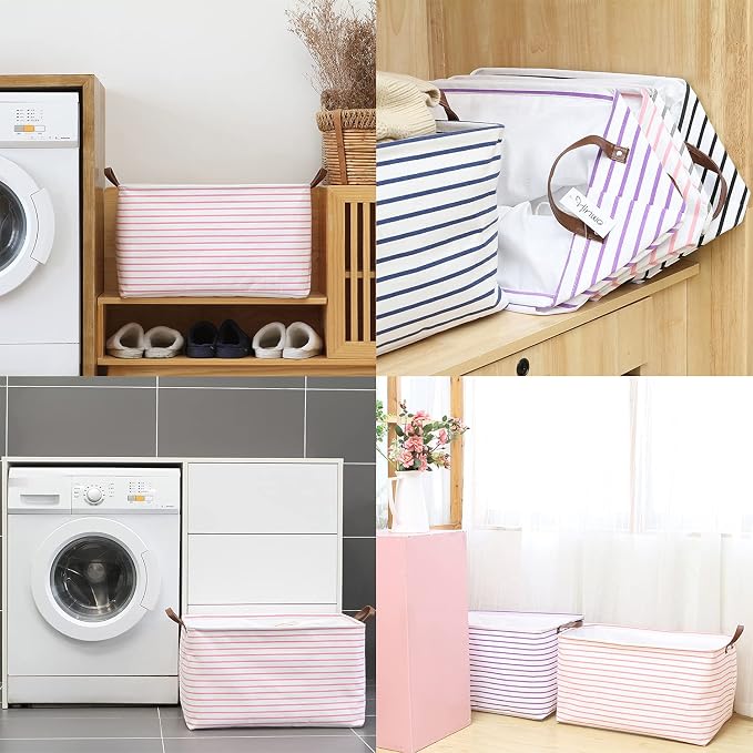 Hinwo 70L Extra Large Canvas Storage Bin with Lid and Handles | Collapsible Fabric Basket, Closet Shelf Organizer, Container for Clothing, Blankets, Toys, Bedding (Pink Stripe) - Image 3