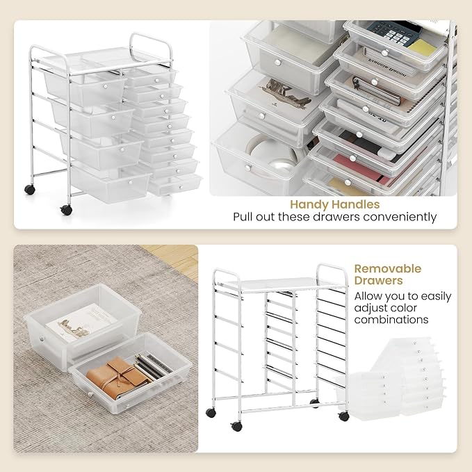 12 Drawer Rolling Storage Cart, Rolling Cart with Drawers for Classroom, Art Supply Craft Organizer on Wheel with Metal Frame & Handles for Home Office School (Clear, 12 Drawer Left-Right) - Image 4
