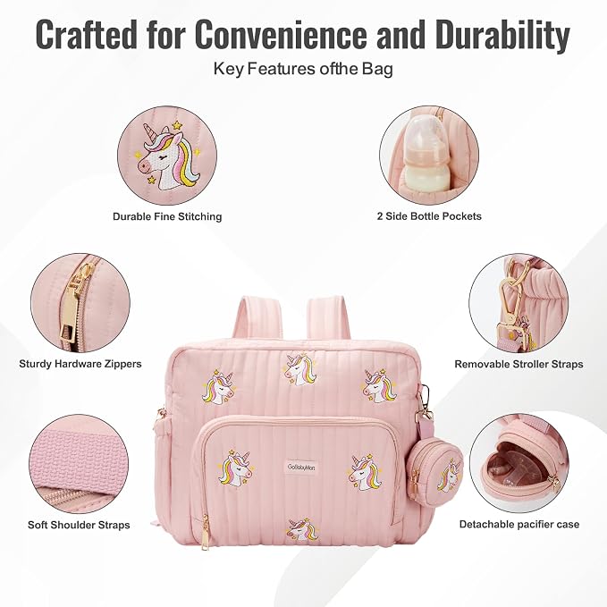 Diaper Bag Backpack with Changing Pad - Travel Baby Bag, Insulated Bottle Pockets, Stroller Straps (Medium - Pink Unicorns) - Image 3