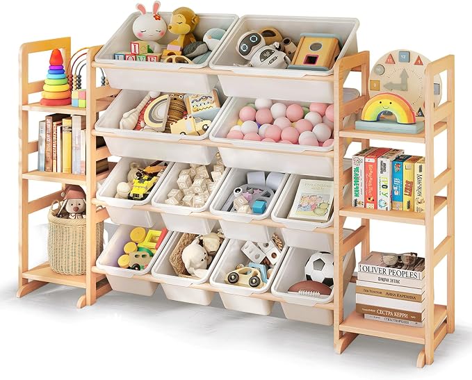 Wooden Toy Storage Organizer with 6 Shelves and 12 Bins, Toy Organizer Storage Kids Bookshelf, Toy Shelf for Playroom, Nursery, and Bedroom - Image 8