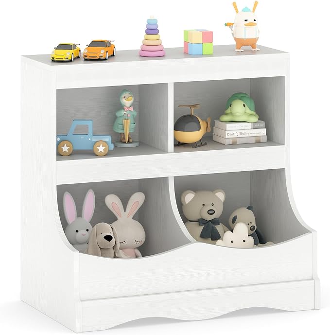 HONEY JOY Kids Toy Storage Organizer, 4-Cubby Wooden Bookcase Cabinet, 2-Tier Open Daycare Shelf for Preschool, Kids Display Bookshelf for Bedroom, Playroom, Classroom & Nursery (White) by HONEYJOY