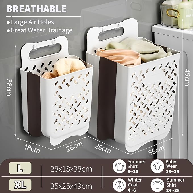 Plastic Collapsible Hanging Laundry Baskets with Carry Handle, Space-Saving Wall Hanging Laundry Basket Durable Tall Folding Plastic Laundry Hamper Waterproof Dirty Clothes Organizer XL+L - Image 4