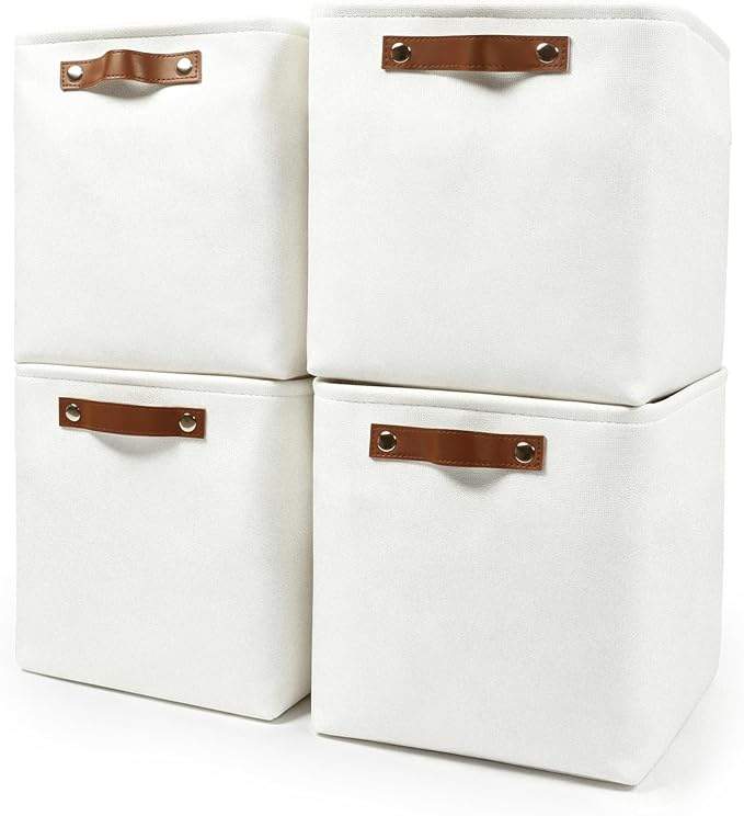 Collapsible Fabric Storage Cubes 11x11 Cube Storage Bins, 4 Pack Closet Baskets Box with Handles for Organizing, Shelf, Toys, Clothes, Home, Office, Nursery (White) by Bagnizer