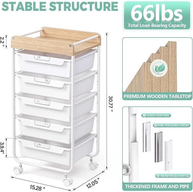 SYKIARIOL Rolling Cart with 5 Drawers,Art Craft Cart,White | Storage Utility Cart with Wheels,Makeup Organizer With Wooden Tabletop - Image 5