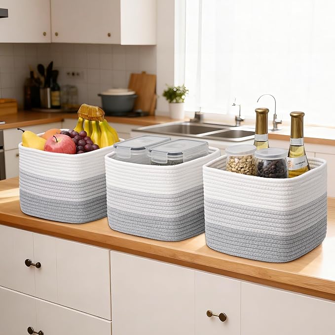 3 Pack Cube Storage Bin, 9”x9”x7” Cotton Rope Woven Baskets for Organizing Toys Clothes Towels, Square Gift Storage Baskets for Shelves, Nursery, Closet, Bathroom, Pantry (Gradient Grey) - Image 5