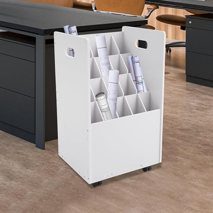 Blue Print Storage Organizer with Wheels, 20 Slots Mobile Blueprint Storage Rack Cart, Construction Plan Holder Roll Files Cart Map Poster Storage Cabinet for Office Home School, White - Image 7