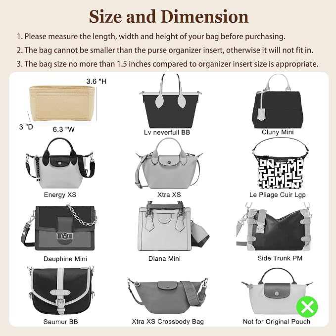 Small Purse Organizer Insert for Handbags, Felt Neverfull BB Organizer Insert,Mini Tote Bag Organizer with Zipper Pocket, Fit Neverfull BB Longchamp Xtra Energy S and More, Beige-XS - Image 3